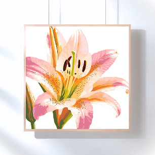Póster Flor de Lírio Rosa Pintura Floral em Aquarela