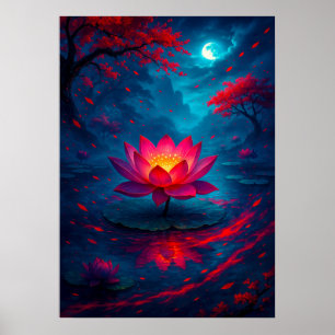 Poster Flor de Lotus brilhando sob fantasia de lua