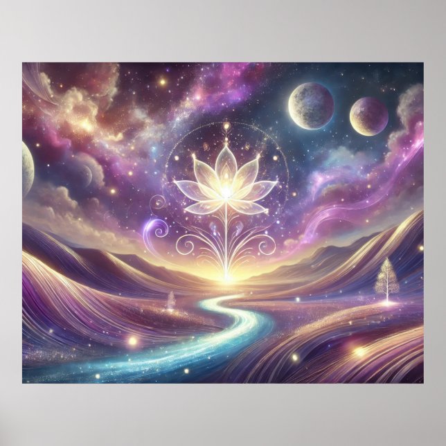 Poster Flor de Lótus com Céu Cósmico e Rio Fluindo (Frente)