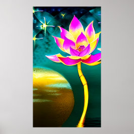 Poster Flor de Lotus Dourada rosa com reflexo de lua comp