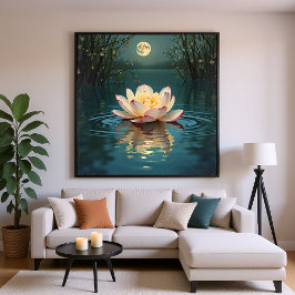 Póster Flor de Lotus Luz na Água - Noite Tranquila