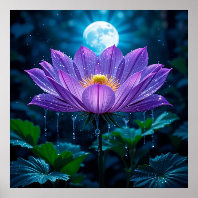 Poster Flor De Lotus Roxo Sob Lua (Frente)