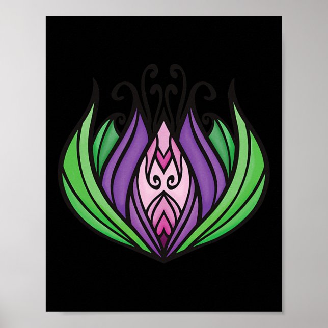 Poster Flor de Lótus Zen Roxa, Rosa e Verde  (Frente)