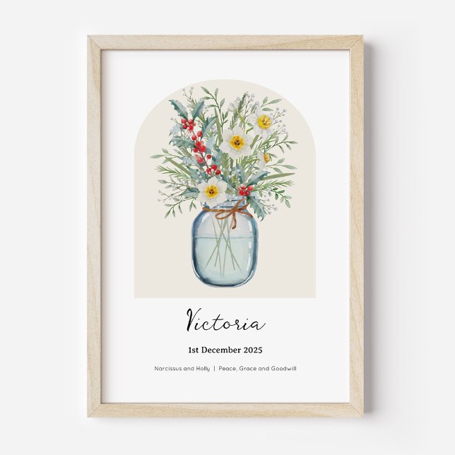 Poster Flor de Nascimento de Dezembro Narciso de Azevinho (Personalised December Birth Month Flower Bouquet in Vase Poster | Holly and Narcissus.)