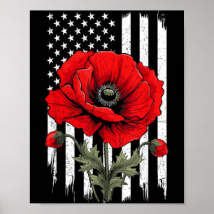 Poster Flor de Papoula Vermelha Bandeira Patriótica EUA D