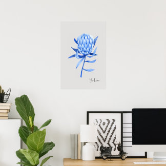 Poster Flor de Protea Tropical Azul Cobalto Aquarela