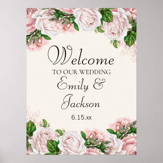 Poster Flor de Rosa Elegante em Creme para Casamento (Frente)