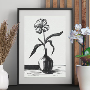 Poster Flor de Tinta Preta e Branca Minimalista