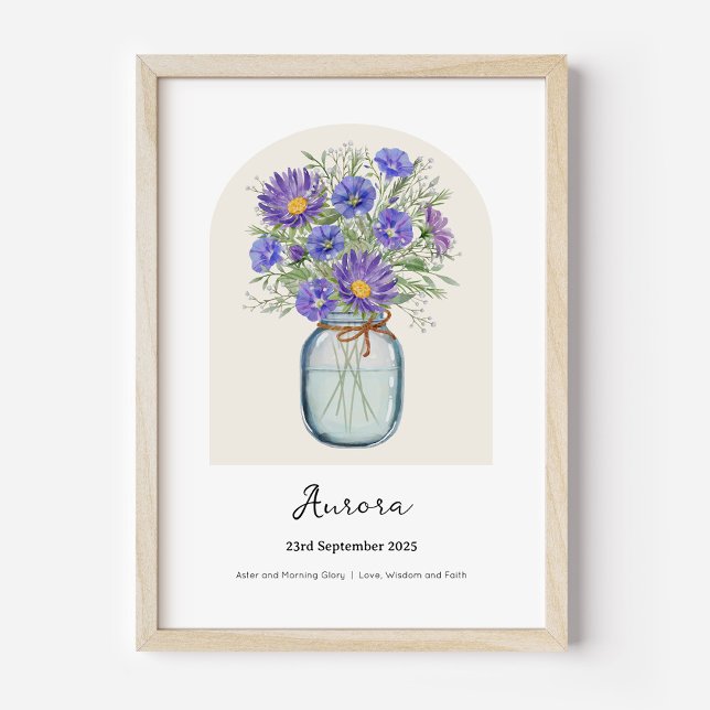 Poster Flor do Mês de Nascimento Aster Morning Glo (Personalised September Birth Month Flower Bouquet in Vase Poster | Aster and Morning Glory.)