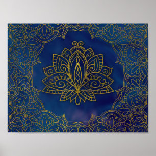 Póster Flor Dourada Elegante de Lotus em azul