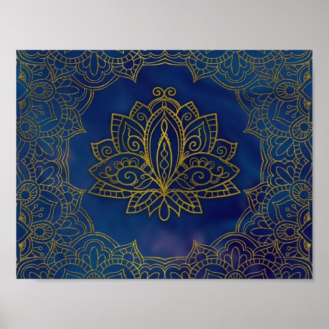 Póster Flor Dourada Elegante de Lotus em azul (Frente)