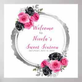 Poster Flor Elegante Rosa Quente e Silver Doce Dezesseis