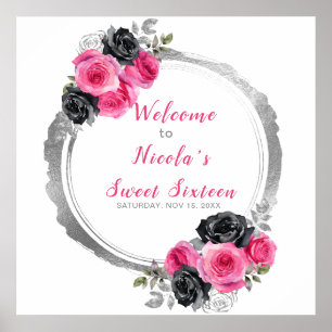 Poster Flor Elegante Rosa Quente e Silver Doce Dezesseis