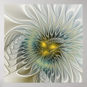 Poster Flor Fantasia Prata Dourada Arte Fractal Abstrata