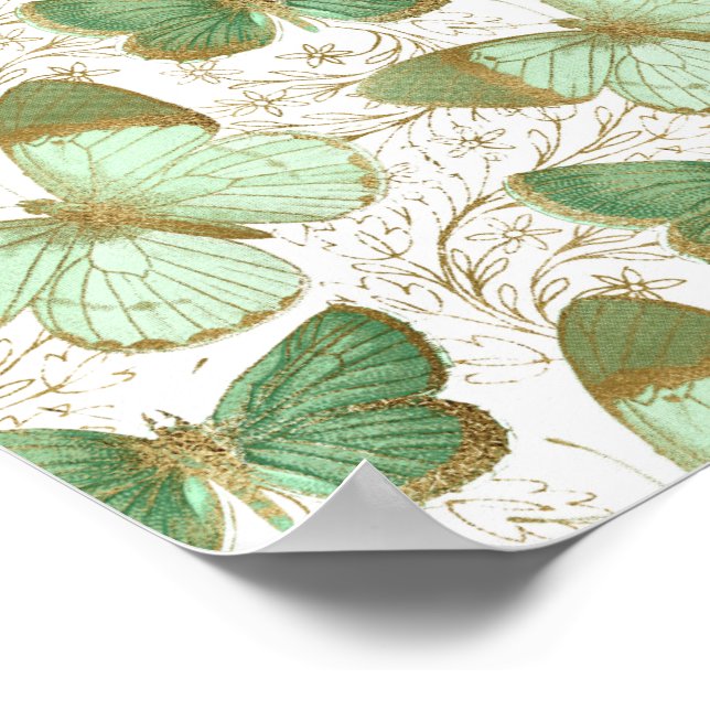 Poster Flor Floral Branco Borboleta Verde (Borda)