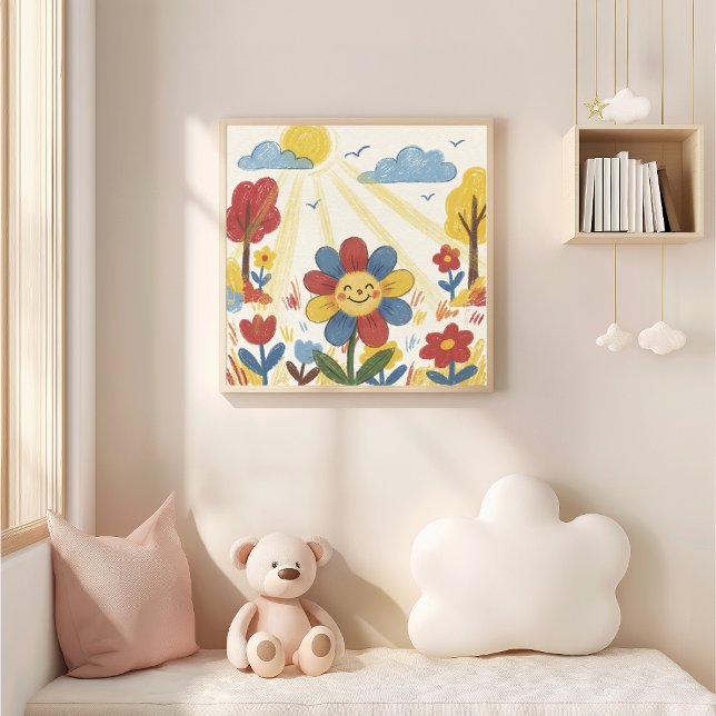 Poster Flor Fofa ao Sol Desenho a Lápis de Cera Criança (Criador carregado)