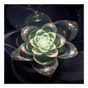 Póster Flor Fractal Verde Etéreo Mural Cósmico Místico