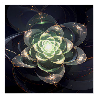 Póster Flor Fractal Verde Etéreo Mural Cósmico Místico