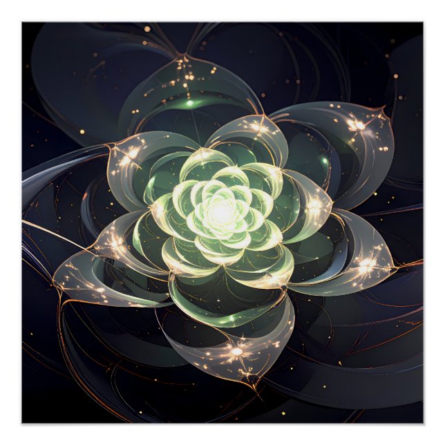 Póster Flor Fractal Verde Etéreo Mural Cósmico Místico (Frente)