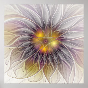 Póster Flor Luminosa Colorida, Fractal Moderno Abstrato