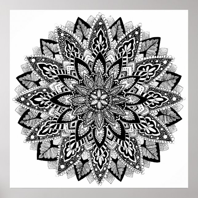 Póster Flor Mandala preto e branco (Frente)