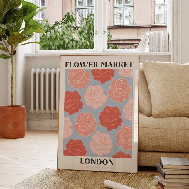 Poster Flor Market London Blush Pink Rosas vermelhas Flor (In situ Living room)