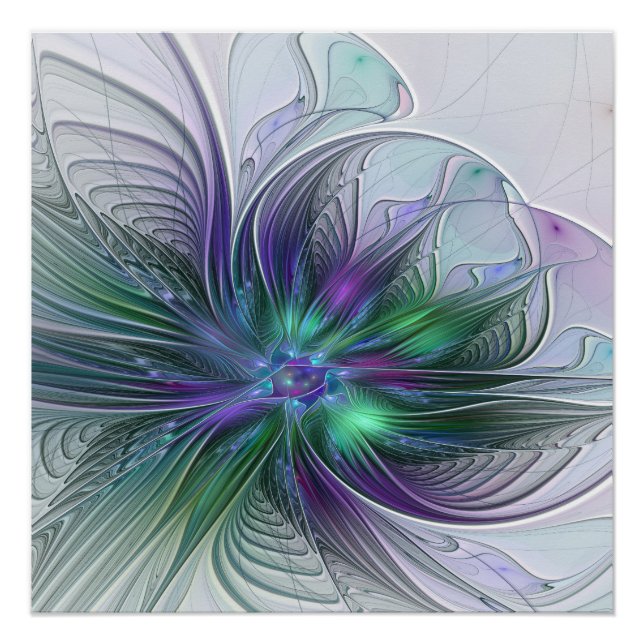Póster Flor Moderna Abstrata Fractal Roxa Verde (Frente)