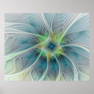Póster Flor moderna do Fractal do verde azul da fantasia