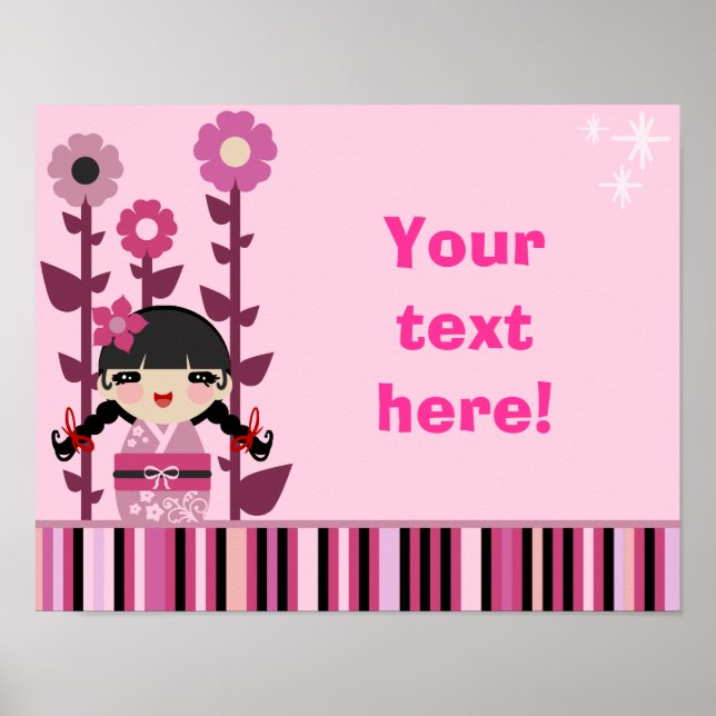Poster Flor rosa-branca Kokeshi (Frente)
