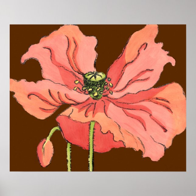 Poster Flor rosa grande com fundo vermelho profundo (Frente)