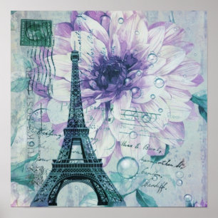 Poster Flor roxa Vintage Paris Torre Eiffel