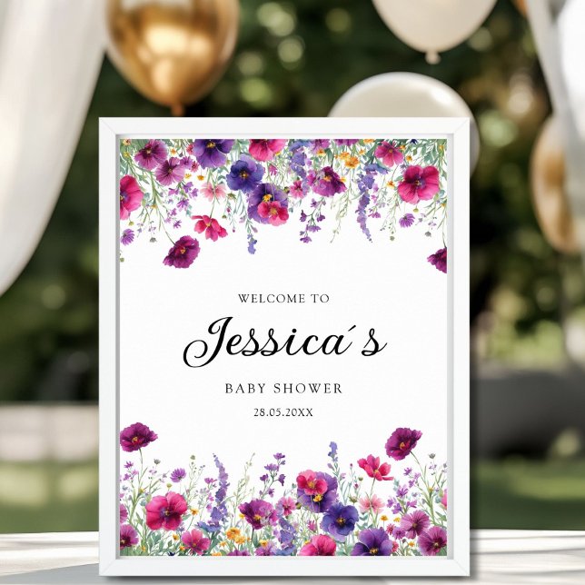 Poster Flor silvestre, Chá de fraldas de flor roxa-rosa (Elegant, White, Minimal Wedding Welcome Poster, Pink, Purple, Wildflowers with your Name & Date.)