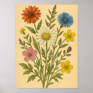 Poster Flor Silvestre Vintage em Papel Intragado