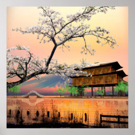 Poster Flor Tranquilo: Sunset Sobre uma Tomada Japonesa