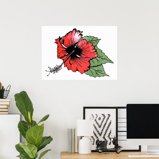 Poster Flor Tropical Red Hibiscus com Folhas Verdes (Criador carregado)