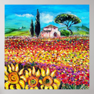 Poster FLORA NA TÚSCULA/Campos, papagaios e girassóis