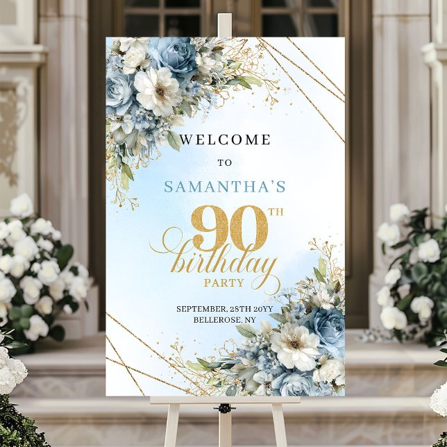 Poster Florais azuis boêmios sem tempo ouro 90º aniversár (Timeless bohemian blue florals gold 90th birthday sign

)
