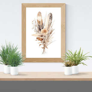 Poster Florais Boho Cinza Bege Marrom Penas Botânicos