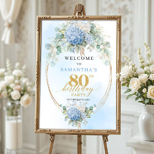 Poster Florais de Aquarela Azul Empoeirado Dourado Aniver