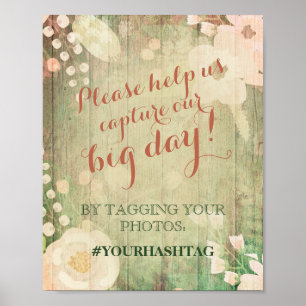 Poster Florais Shabby Chic Hashtag de Fotos de Casament
