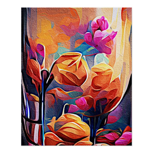 Póster Floral Abstrato Art Laranja Vermelho Azul Flores (Frente)
