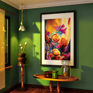 Poster Floral Abstrato Art Laranja Vermelho Azul Flores