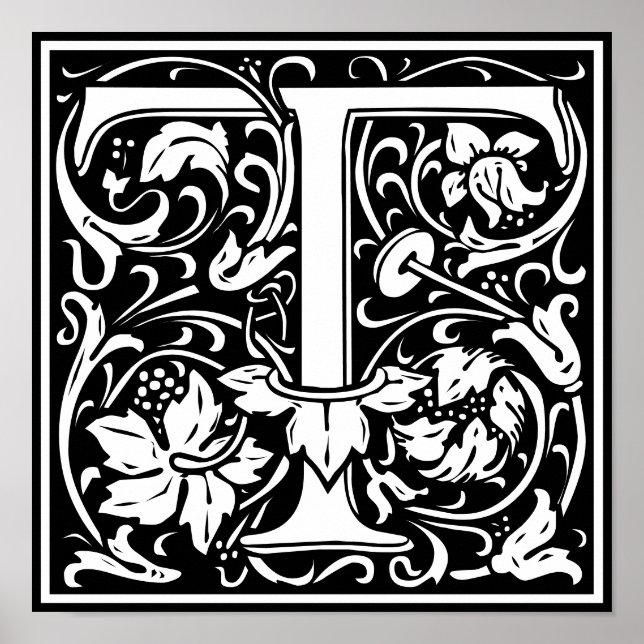 Poster Floral Alfabeto Monograma - Letra T (Frente)