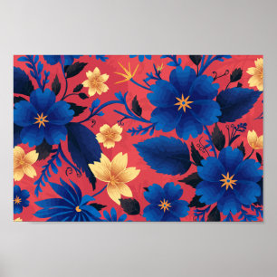 Poster Floral Amarelo-Azul-Negrito em Fundo Vermelho