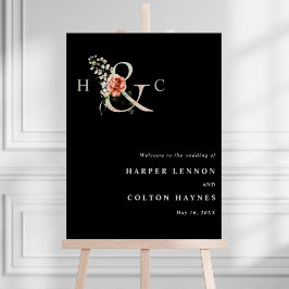 Poster Floral Ampersand Wedding - Sinal Preto Bem-vindo