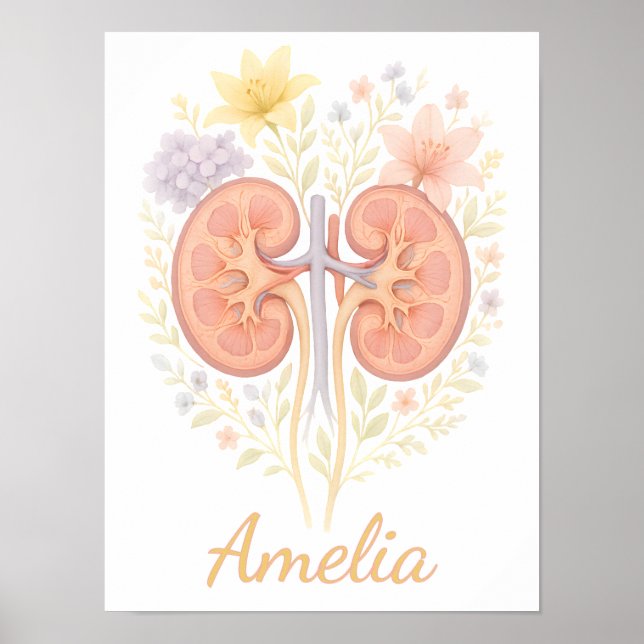 Poster Floral Anatomical Kidney Nephrology Nurse and Tech (Frente)