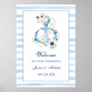 Poster Floral Anchor Blue Stripes Beach Weding