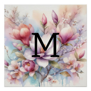Póster Floral aqucolor monograma flores cor-de-rosa magnó