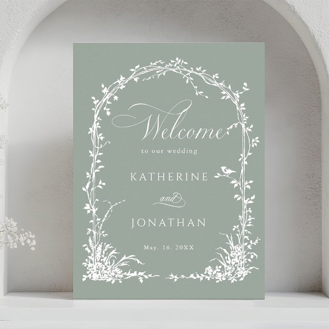 Poster Floral Arch Garden Wedding Sage Green Welcome  (Criador carregado)
