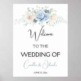 Poster Floral Azul e Branco Bem-vindo ao Nosso Casamento